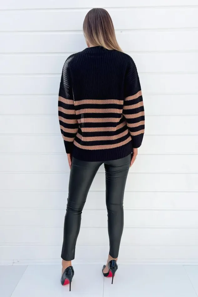 AX Paris Black And Camel Stripe VNeck Knit Jumper Knitwear