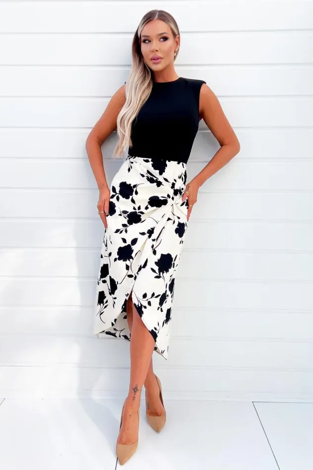 AX Paris Black And Cream 2 In 1 Floral Printed Midi Dress Dresses