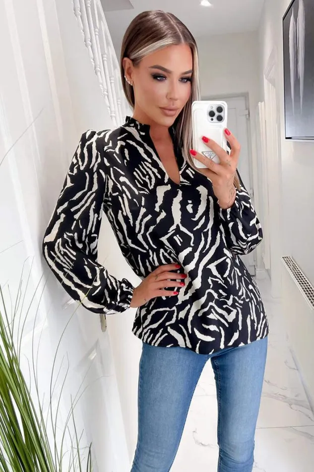 AX Paris Black Animal Print Ruffle Neck Long Sleeve Top Tops