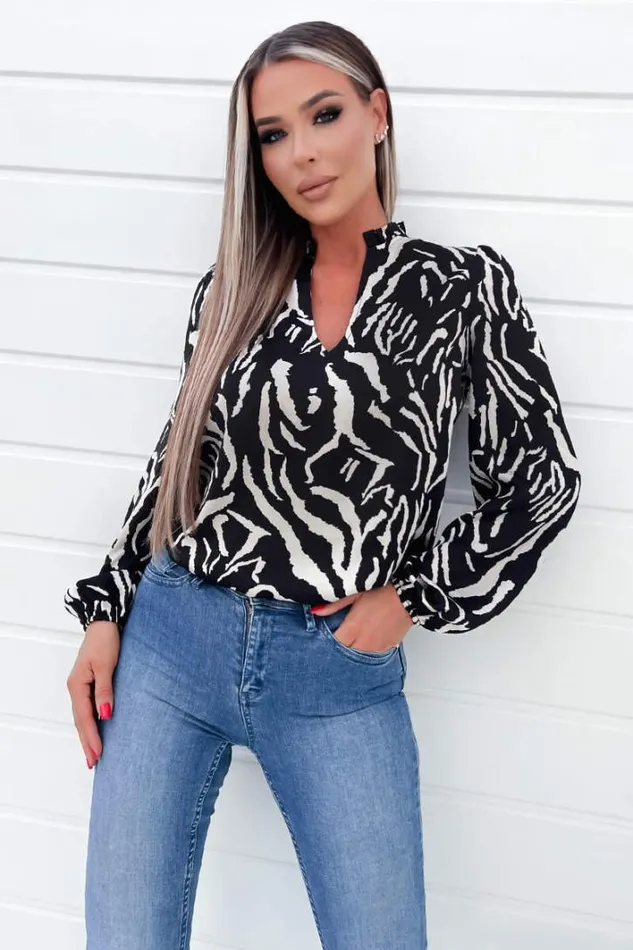 AX Paris Black Animal Print Ruffle Neck Long Sleeve Top Tops
