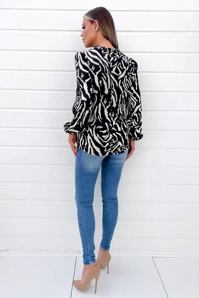 AX Paris Black Animal Print Ruffle Neck Long Sleeve Top Tops