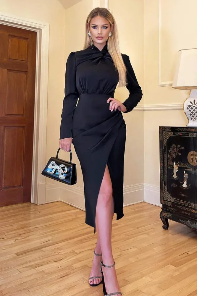 AX Paris Black High Knot Neck Wrap Midi Dress Dresses