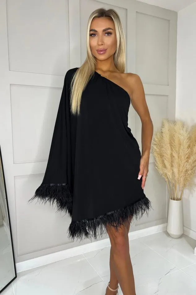 AX Paris Black One Shoulder Batwing Sleeve Faux Feather Hem Dress Dresses