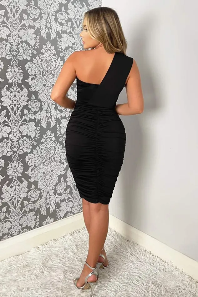 AX Paris Black One Shoulder Ruched Bodycon Midi Dress Dresses