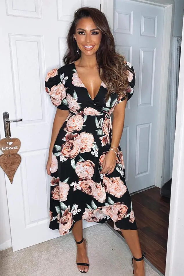 AX Paris Black Rose Printed Wrap Midi Dress Wedding Guest Dresses