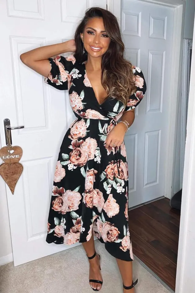 AX Paris Black Rose Printed Wrap Midi Dress Wedding Guest Dresses