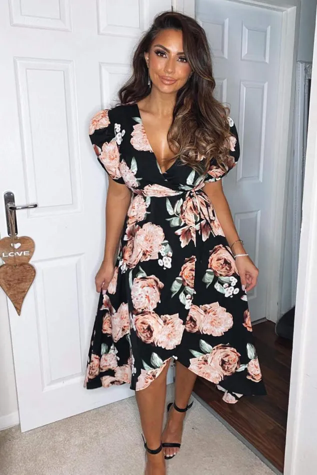 AX Paris Black Rose Printed Wrap Midi Dress Wedding Guest Dresses