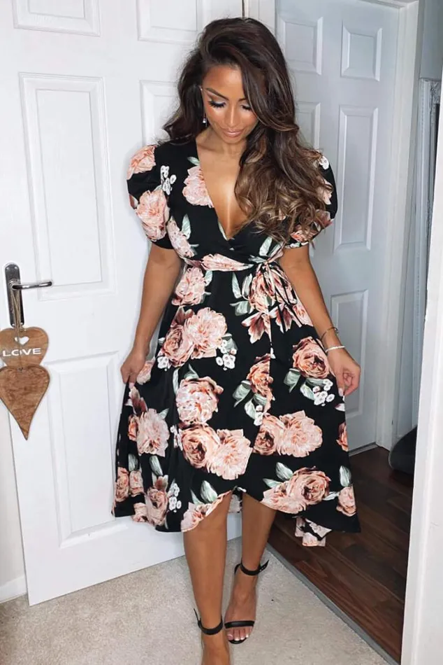 AX Paris Black Rose Printed Wrap Midi Dress Wedding Guest Dresses