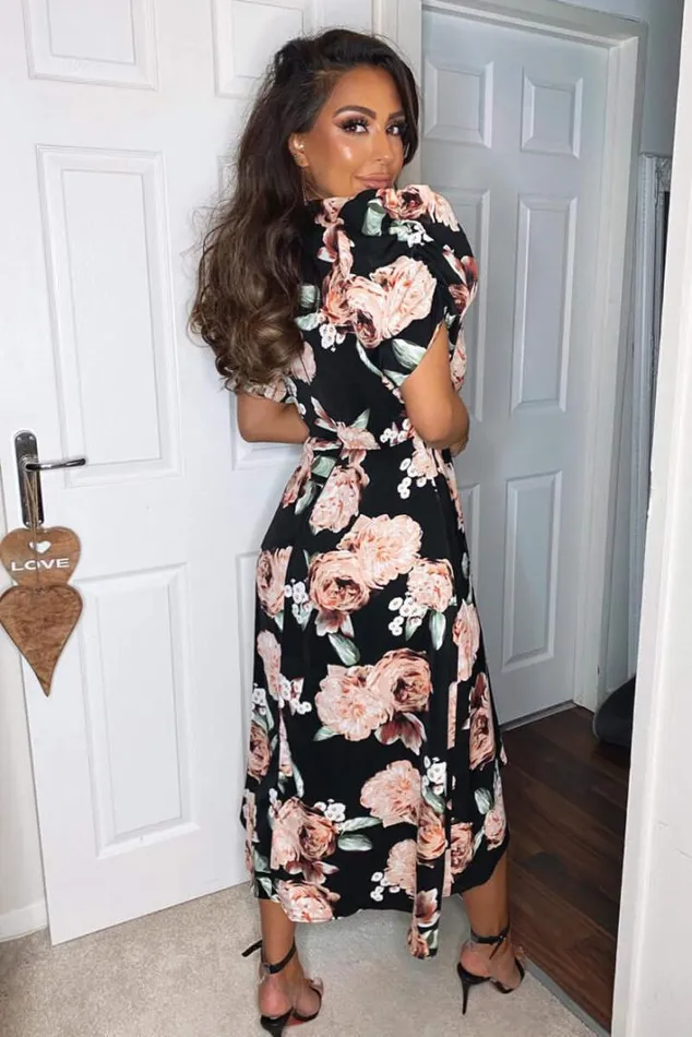 AX Paris Black Rose Printed Wrap Midi Dress Wedding Guest Dresses