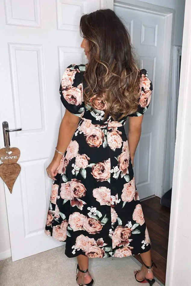 AX Paris Black Rose Printed Wrap Midi Dress Wedding Guest Dresses