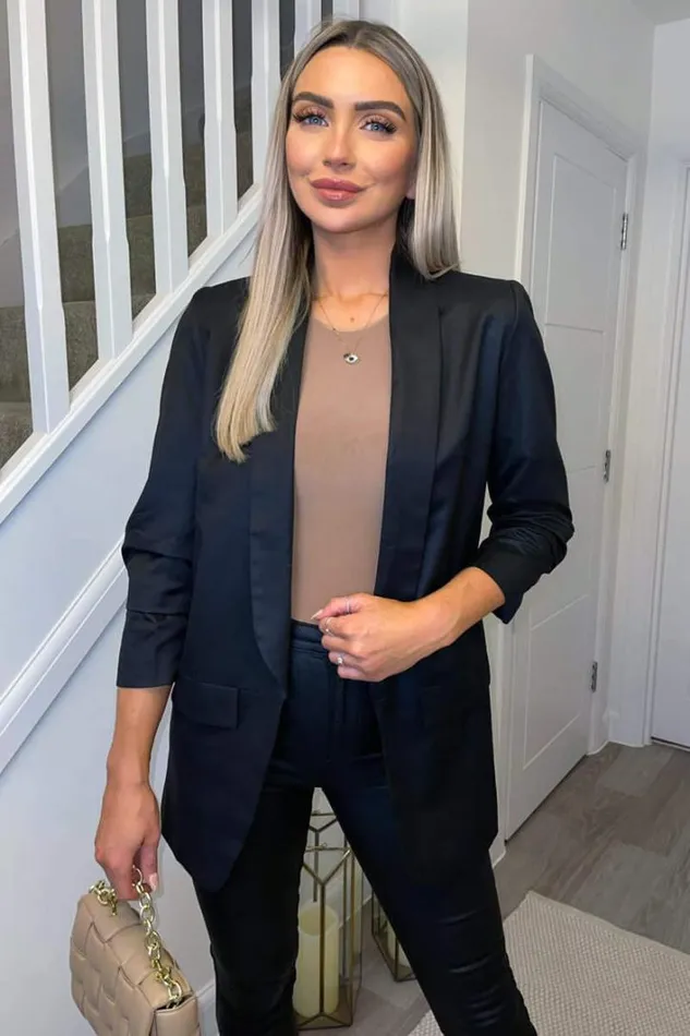 AX Paris Black Ruched Sleeve Blazer Coats and Jackets