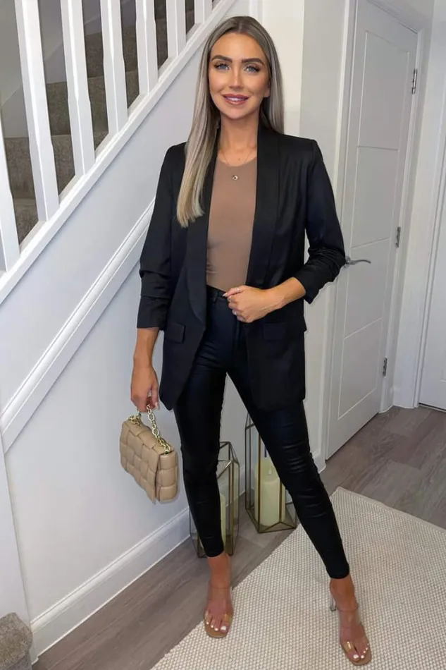 AX Paris Black Ruched Sleeve Blazer Coats and Jackets