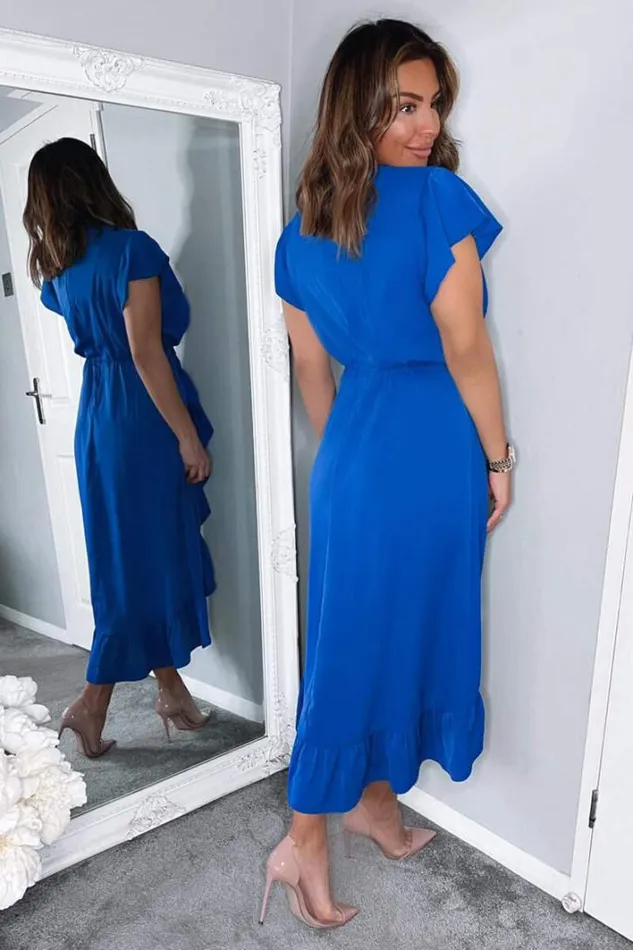 AX Paris Blue Wrap Over Frill Hem Short Sleeve Midi Dress Dresses