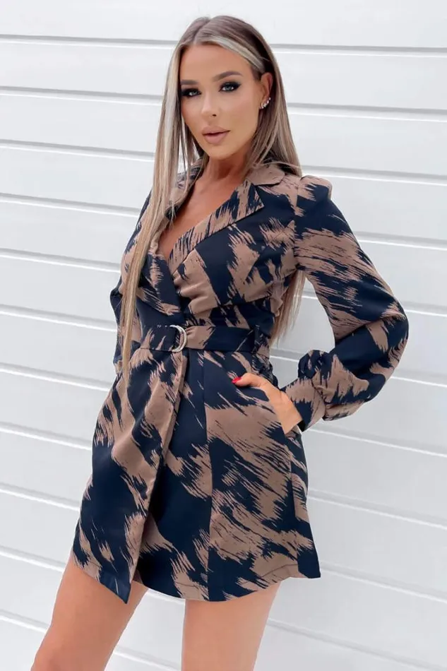 AX Paris Brown And Navy Printed Long Sleeve Wrap Mini Dress Dresses