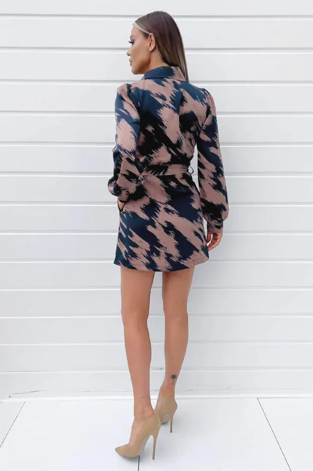 AX Paris Brown And Navy Printed Long Sleeve Wrap Mini Dress Dresses