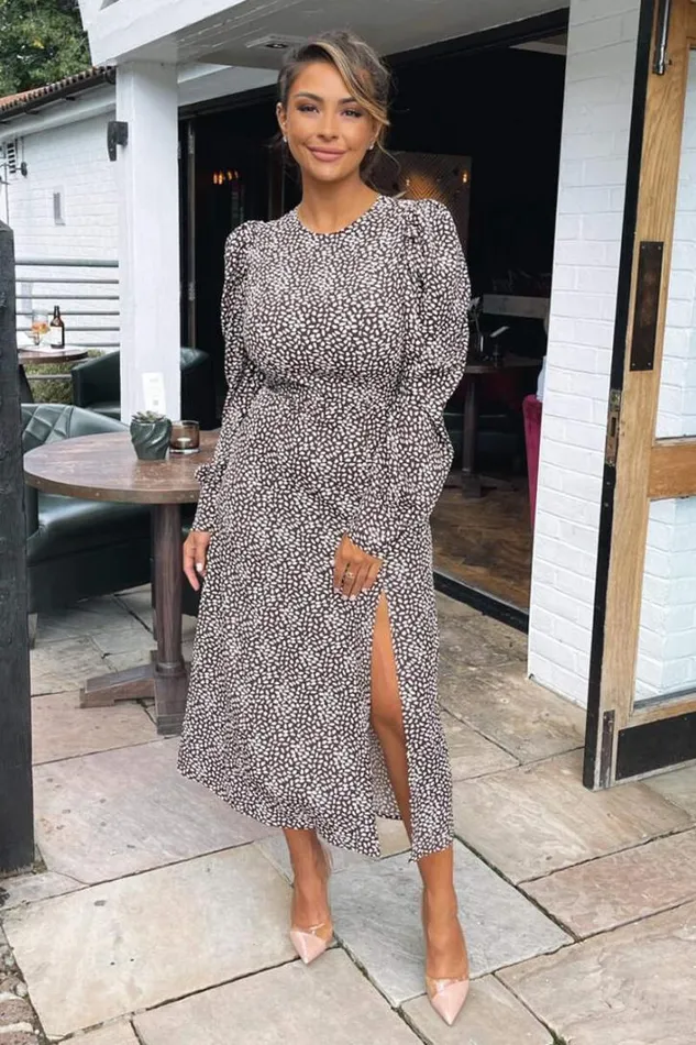 AX Paris Brown Printed Long Sleeve Split Leg Midi Dress Wedding Guest Dresses