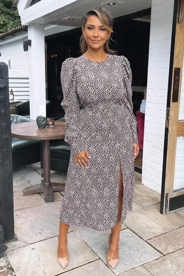 AX Paris Brown Printed Long Sleeve Split Leg Midi Dress Wedding Guest Dresses