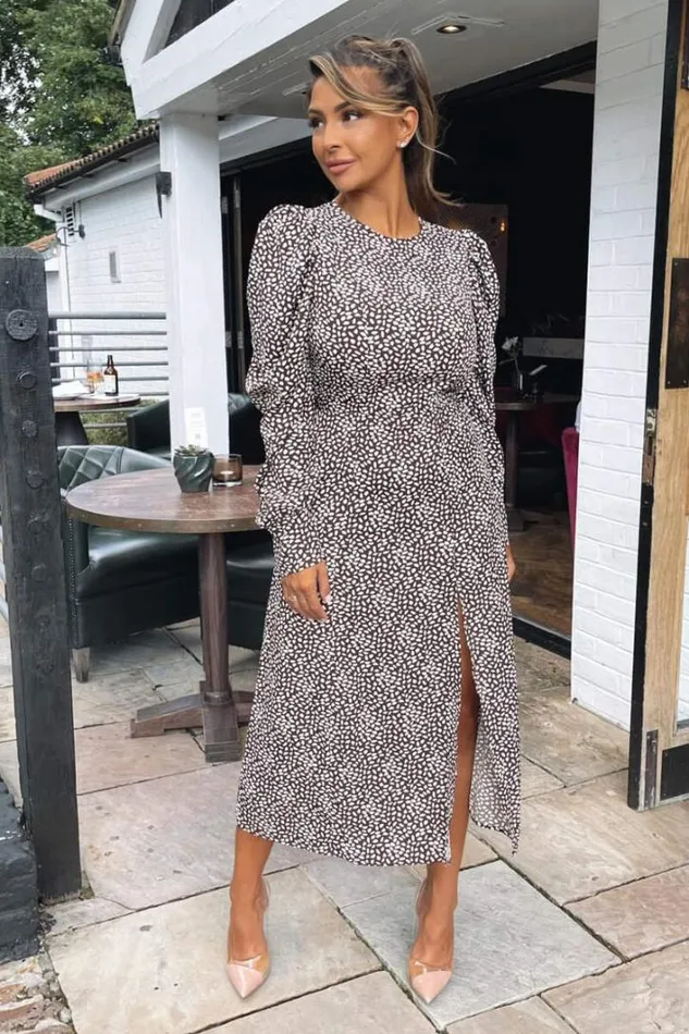 AX Paris Brown Printed Long Sleeve Split Leg Midi Dress Wedding Guest Dresses