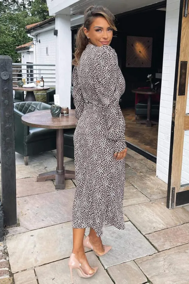 AX Paris Brown Printed Long Sleeve Split Leg Midi Dress Wedding Guest Dresses