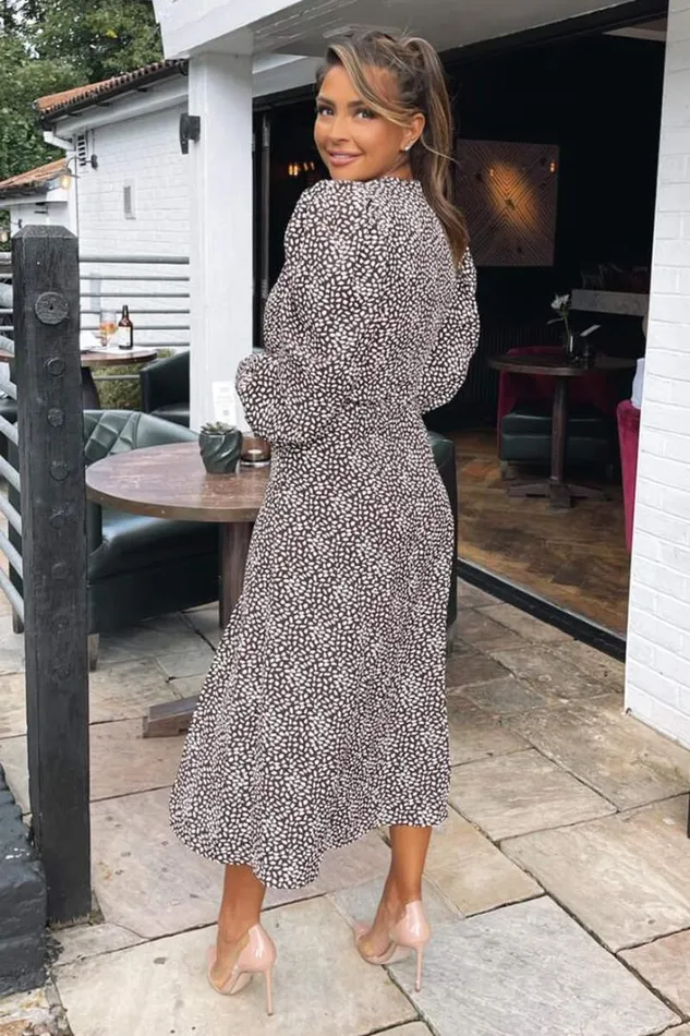 AX Paris Brown Printed Long Sleeve Split Leg Midi Dress Wedding Guest Dresses
