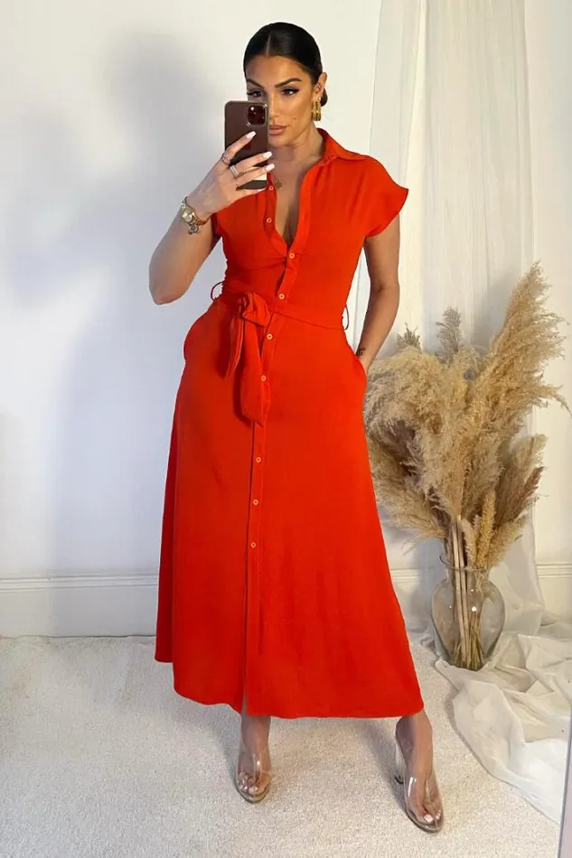 AX Paris Burnt Orange Tie Waist Button Up Midi Dress Dresses