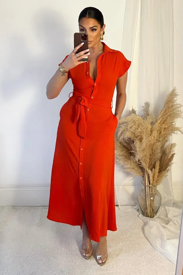 AX Paris Burnt Orange Tie Waist Button Up Midi Dress Dresses
