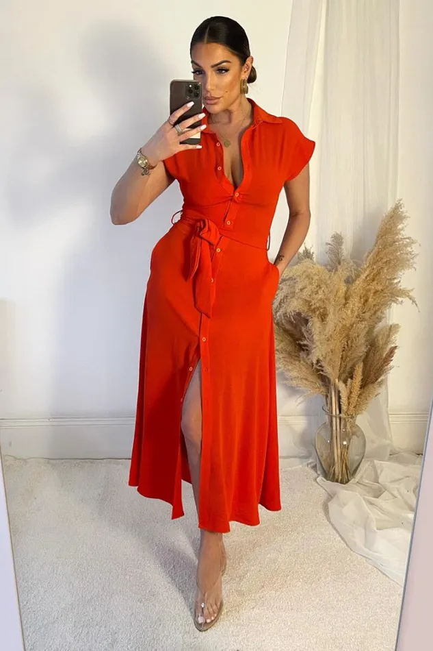 AX Paris Burnt Orange Tie Waist Button Up Midi Dress Dresses