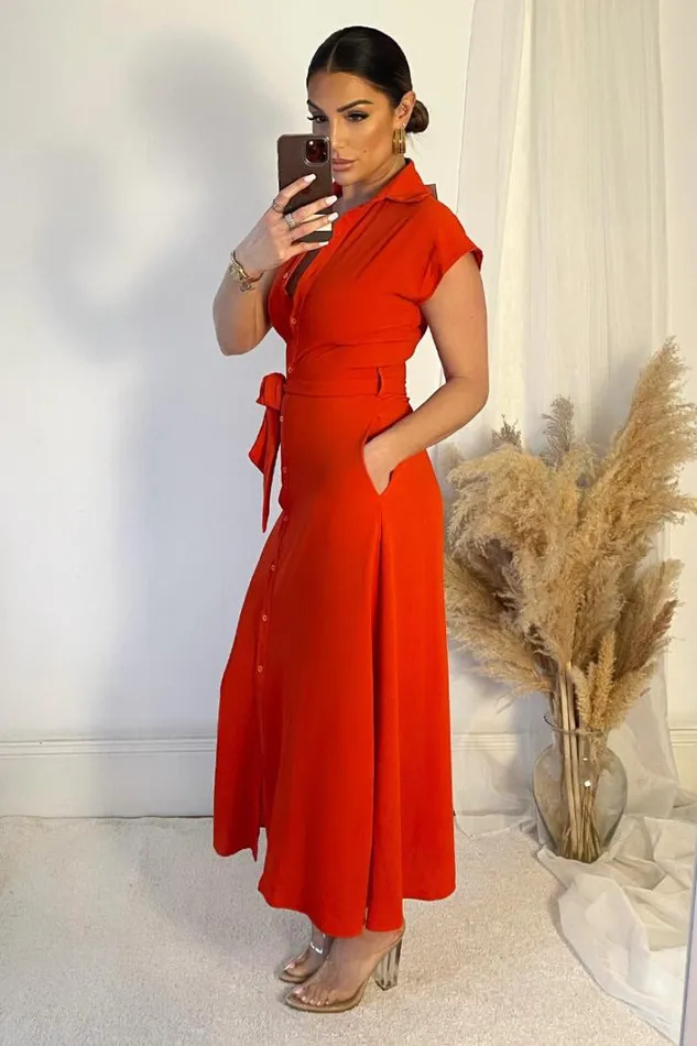 AX Paris Burnt Orange Tie Waist Button Up Midi Dress Dresses