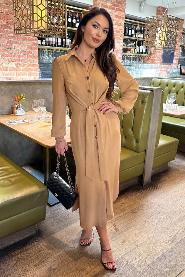 AX Paris Camel Button Front Tie Shirt Midi Dress Dresses
