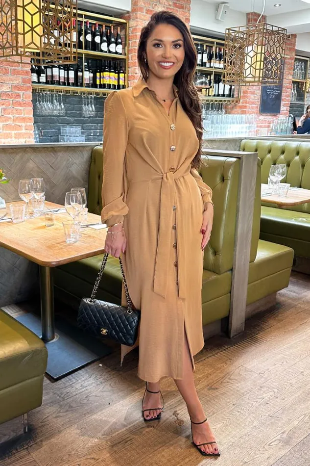 AX Paris Camel Button Front Tie Shirt Midi Dress Dresses