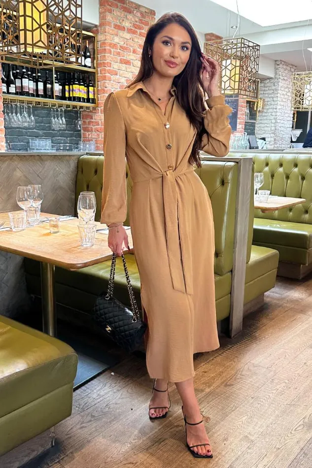 AX Paris Camel Button Front Tie Shirt Midi Dress Dresses