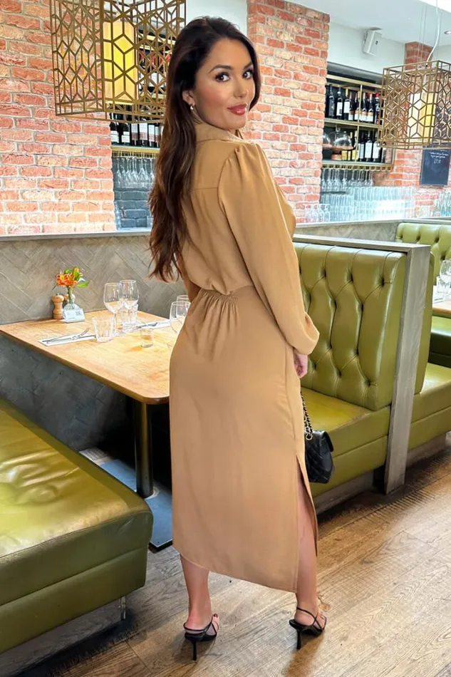 AX Paris Camel Button Front Tie Shirt Midi Dress Dresses