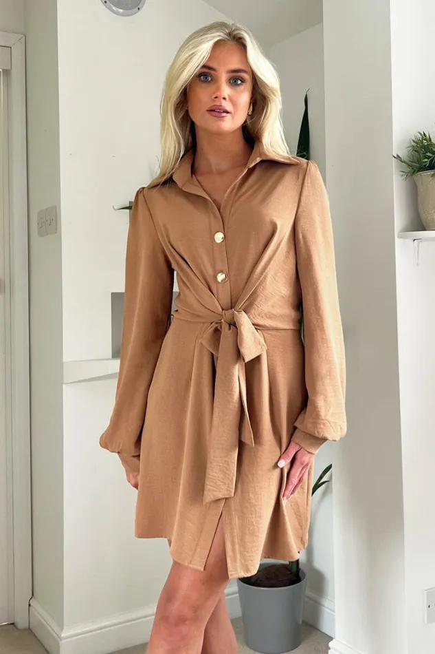 AX Paris Camel Button Tie Front Mini Shirt Dress Dresses