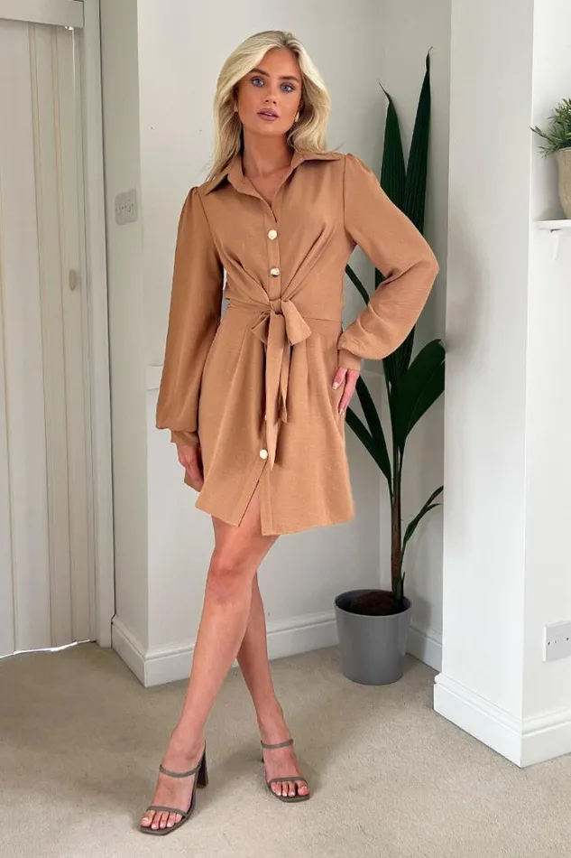 AX Paris Camel Button Tie Front Mini Shirt Dress Dresses