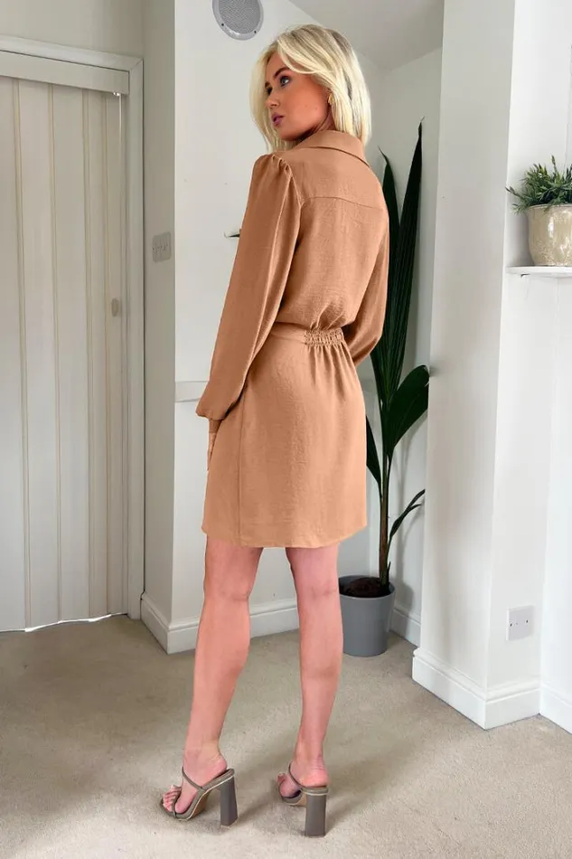 AX Paris Camel Button Tie Front Mini Shirt Dress Dresses