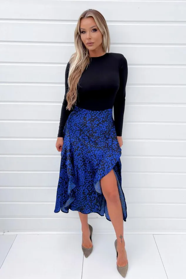 AX Paris Cobalt Animal Print 2 In 1 Double Frill Split Midi Dress Dresses