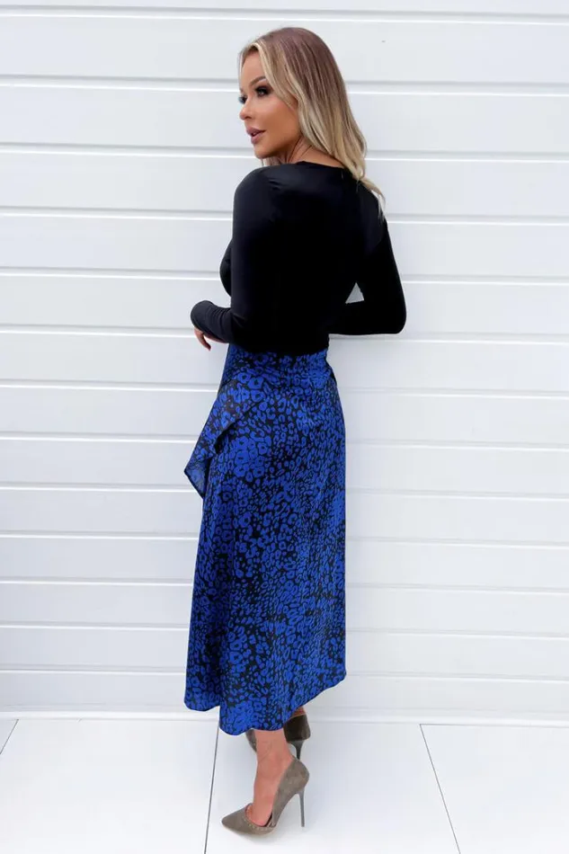 AX Paris Cobalt Animal Print 2 In 1 Double Frill Split Midi Dress Dresses