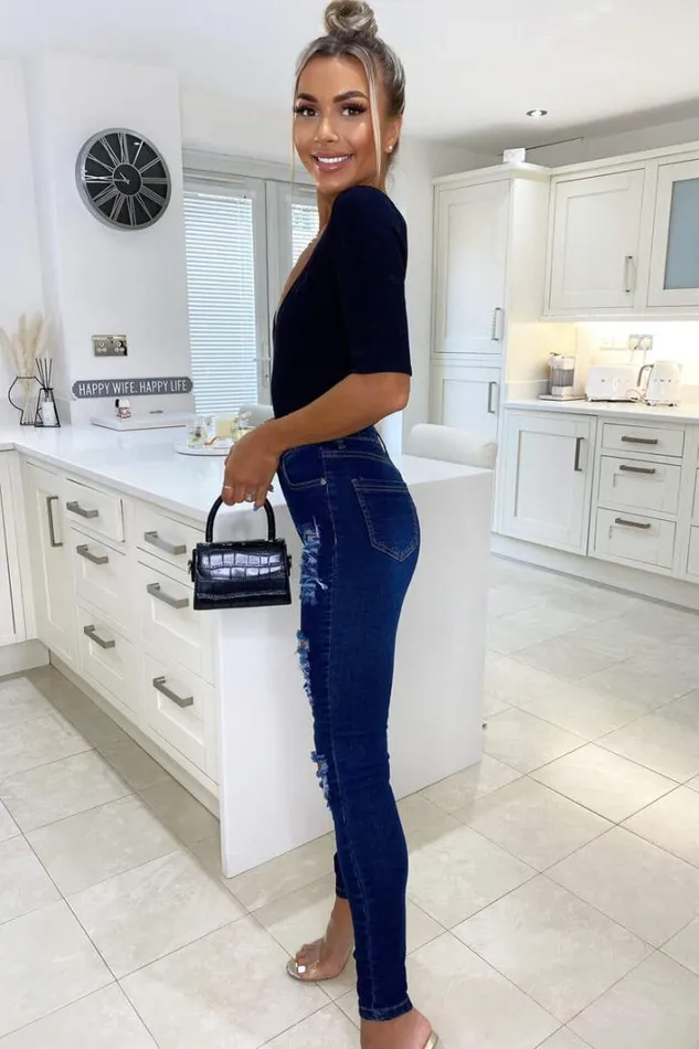 AX Paris Dark Wash Ripped Skinny Fit Jeans Jeans