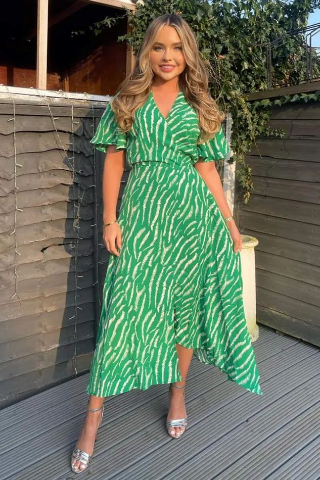 AX Paris Green And White Animal Print Double Slit Midi Dress Dresses