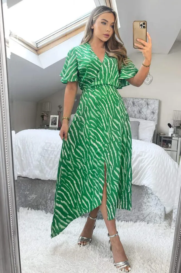 AX Paris Green And White Animal Print Double Slit Midi Dress Dresses
