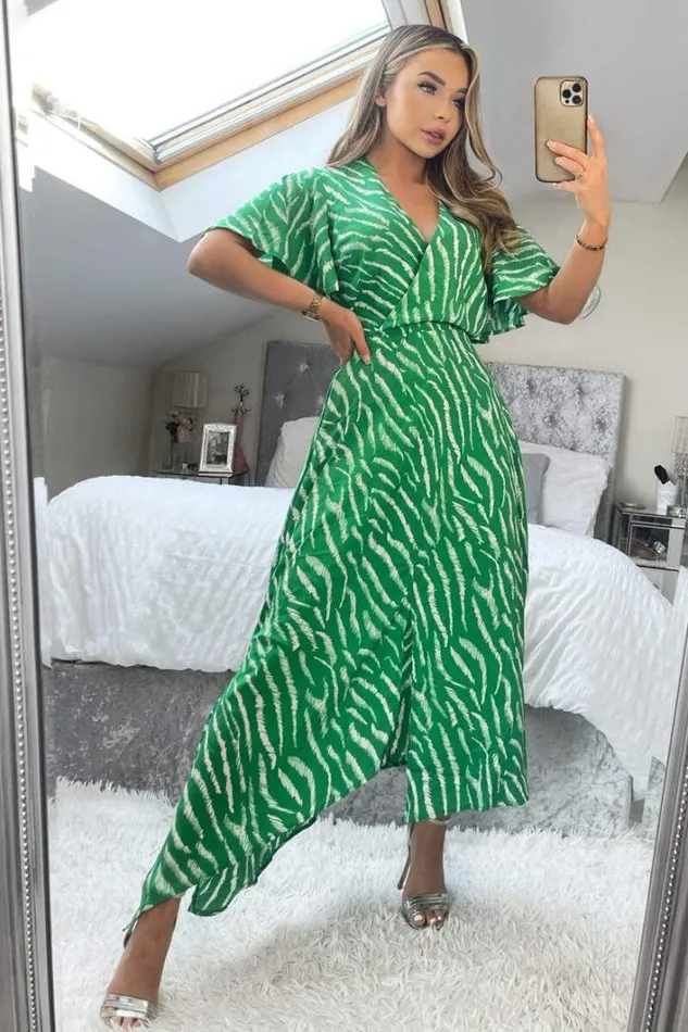 AX Paris Green And White Animal Print Double Slit Midi Dress Dresses