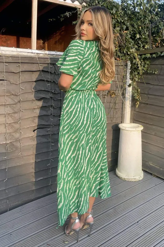 AX Paris Green And White Animal Print Double Slit Midi Dress Dresses