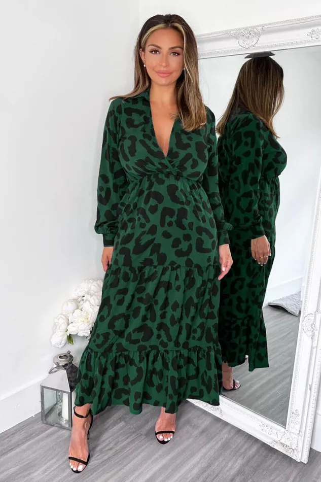 AX Paris Green Leopard Print Long Sleeve Smock Midi Dress Dresses