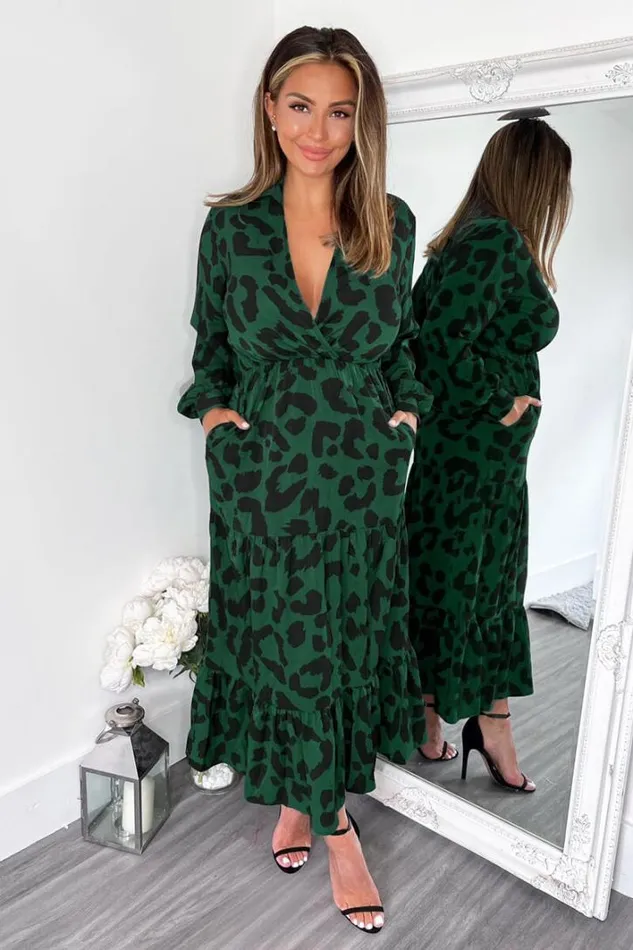 AX Paris Green Leopard Print Long Sleeve Smock Midi Dress Dresses