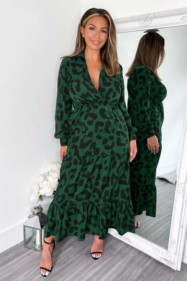 AX Paris Green Leopard Print Long Sleeve Smock Midi Dress Dresses