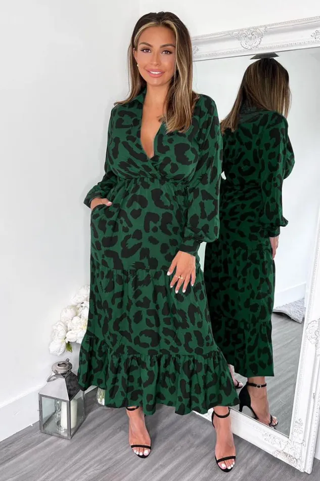 AX Paris Green Leopard Print Long Sleeve Smock Midi Dress Dresses