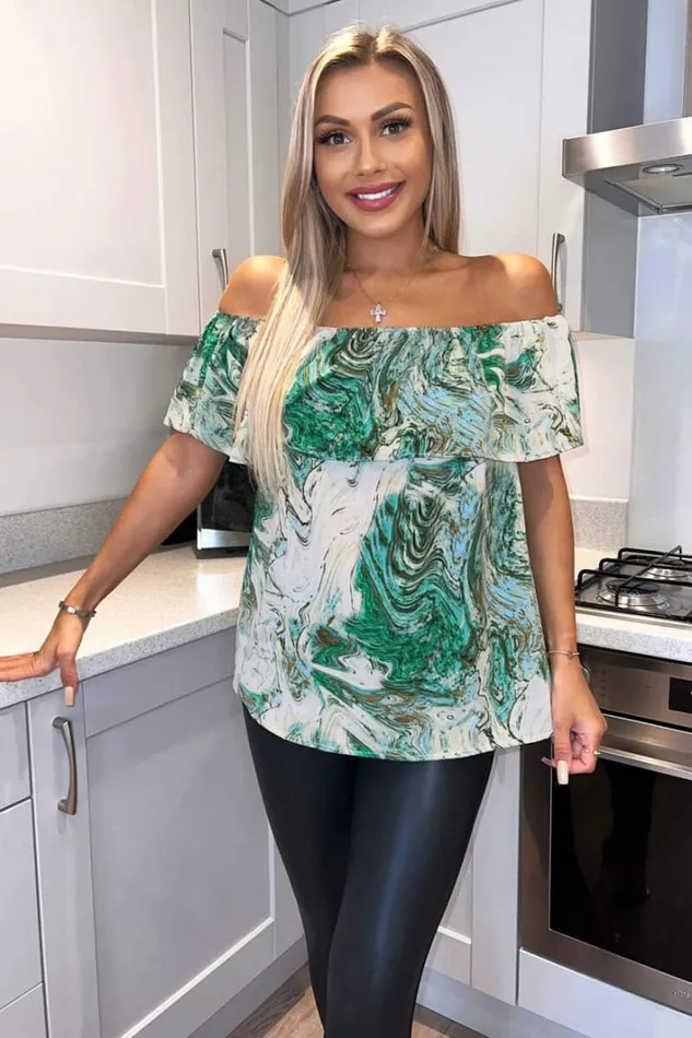 AX Paris Green Marble Print Bardot Top Tops