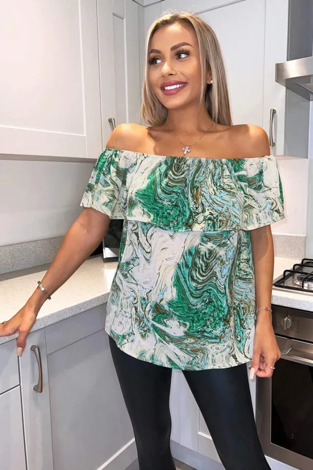 AX Paris Green Marble Print Bardot Top Tops