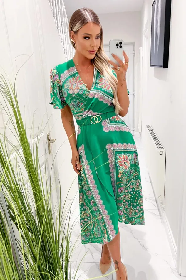 AX Paris Green Paisley Printed Short Sleeve Belted Midi Dress Dresses