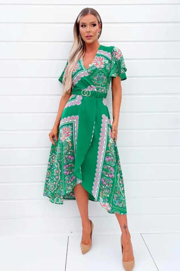 AX Paris Green Paisley Printed Short Sleeve Belted Midi Dress Dresses
